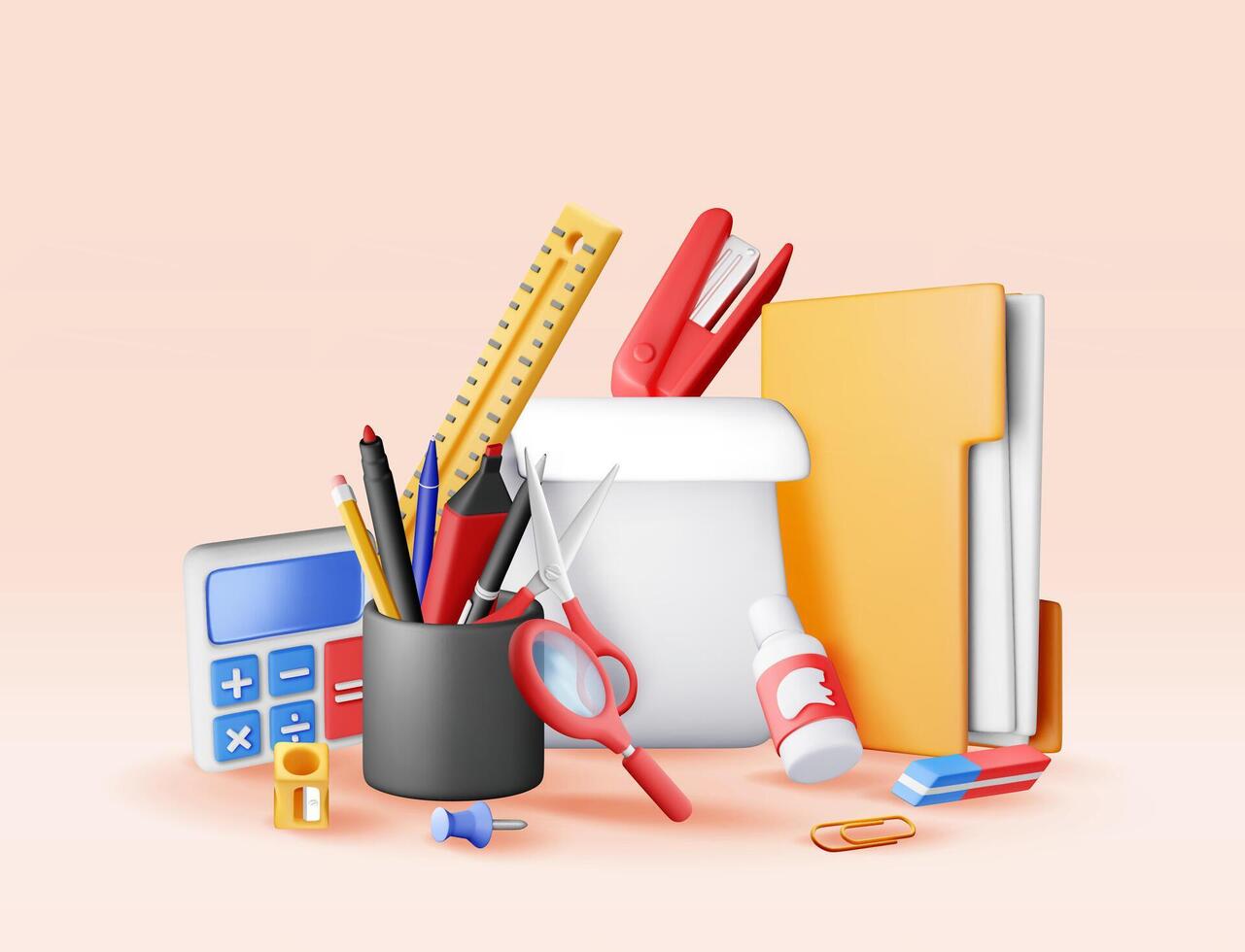 3d pile of office stationery elements isolated. Render back to school essential supplies set. Stationery collection for education vector