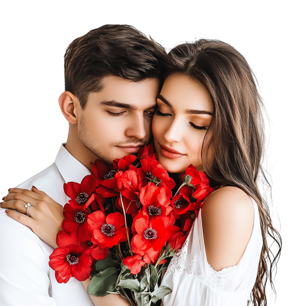 romantic couple with red flowers on transparent background png