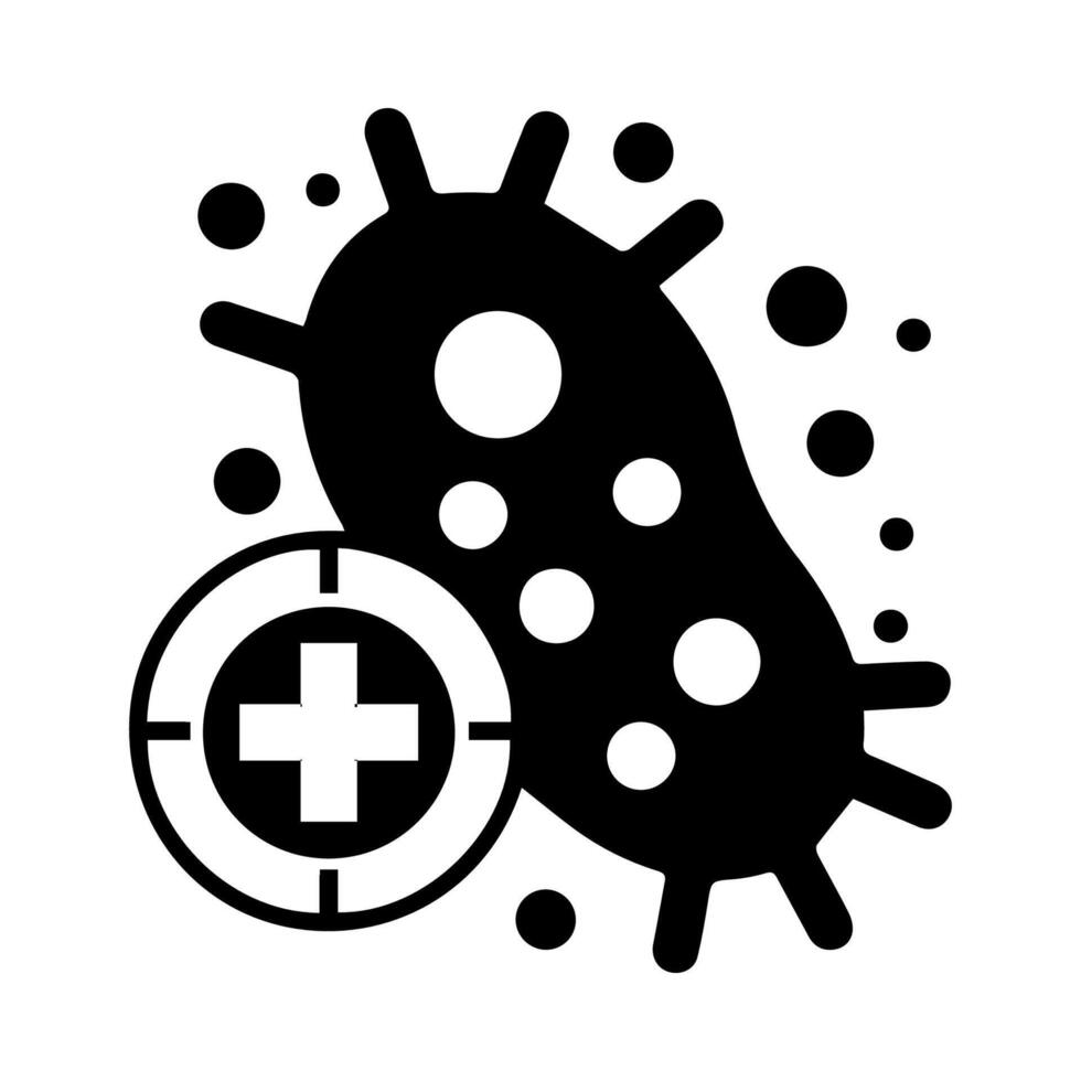 Black bacteria icon with medical cross, symbolizing antibacterial health protection vector