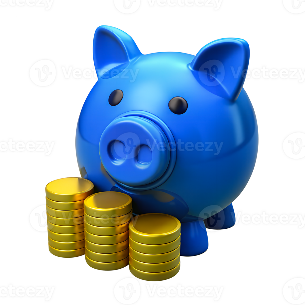 3d Piggy Bank blue color with stack of Gold coins surround it, Saving Financial Growth investment Business Concept png