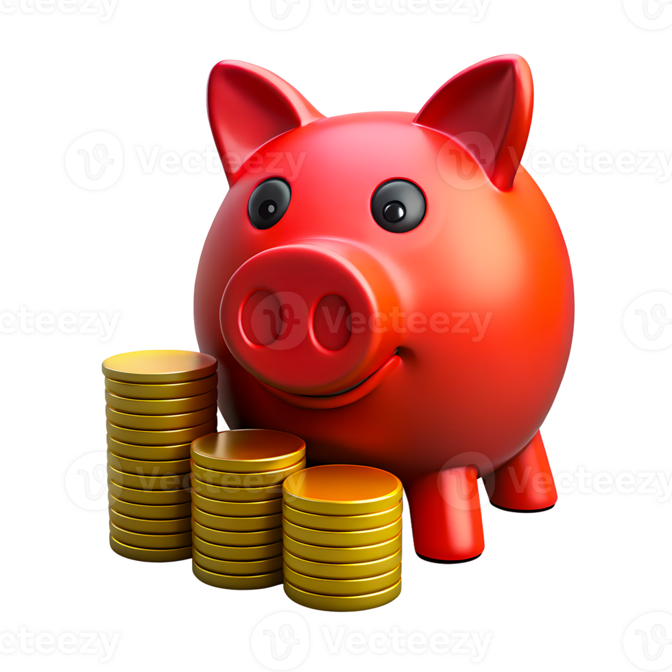 3d Piggy Bank red color with stack of Gold coins surround it, Saving Financial Growth investment Business Concept png