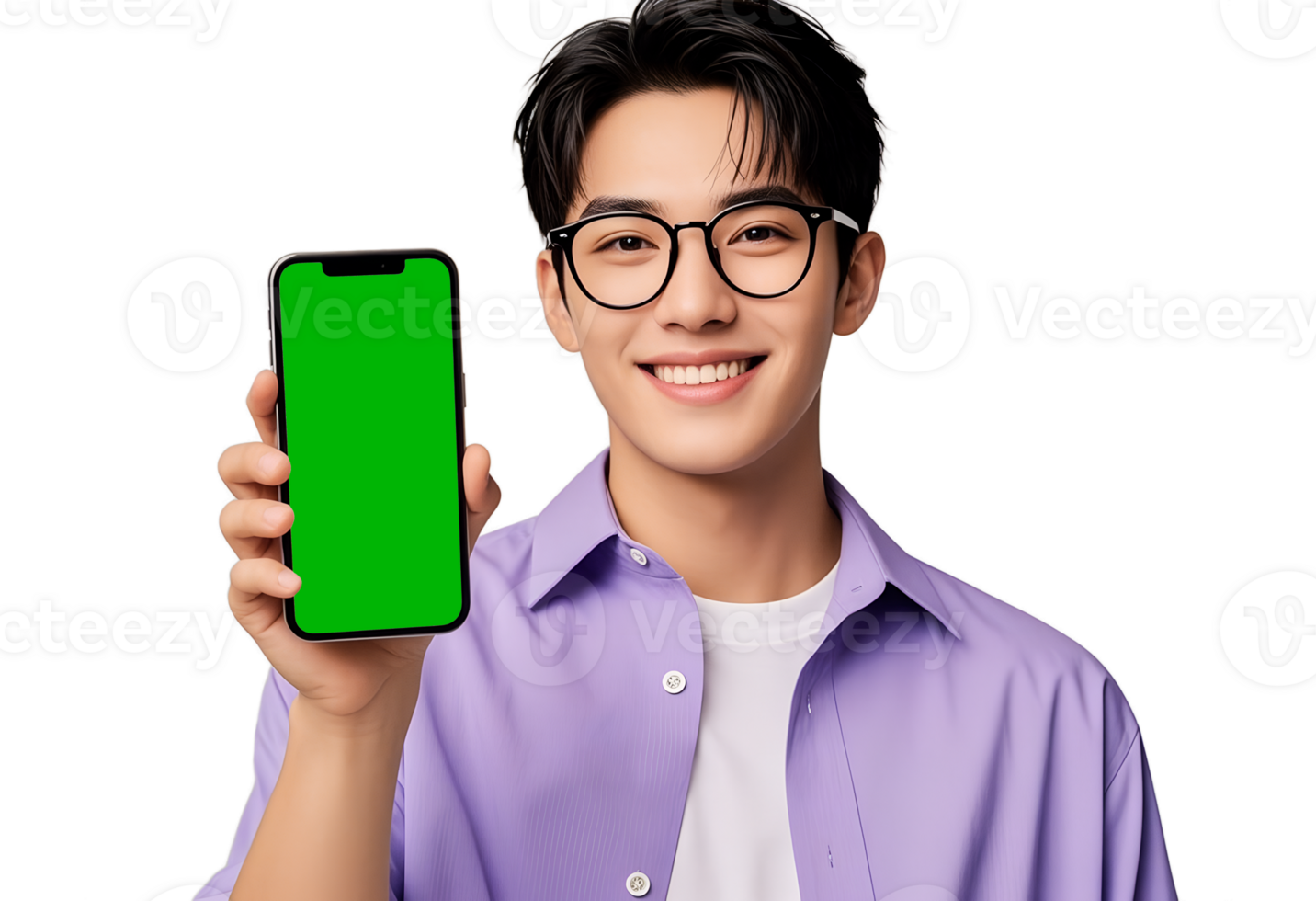 Happy Young Male Model Displays Smartphone with Green Screen, Mobile screen mock-up copy space png