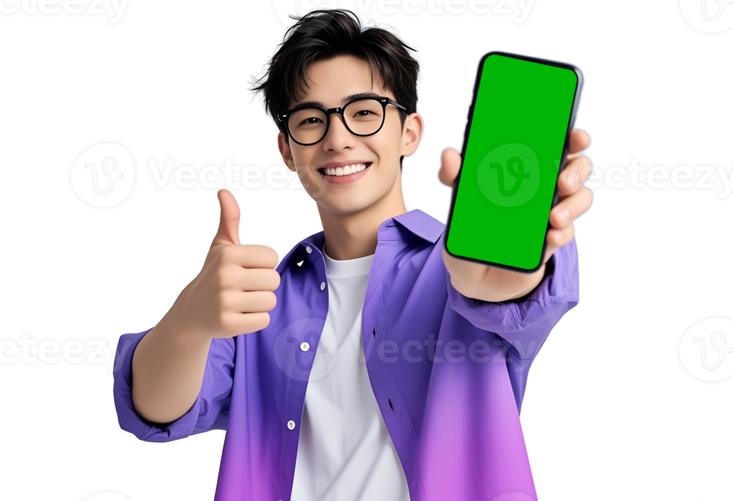 Happy Young Male Model Displays Smartphone with Green Screen and shows thumbs up, Mobile screen mock-up copy space png