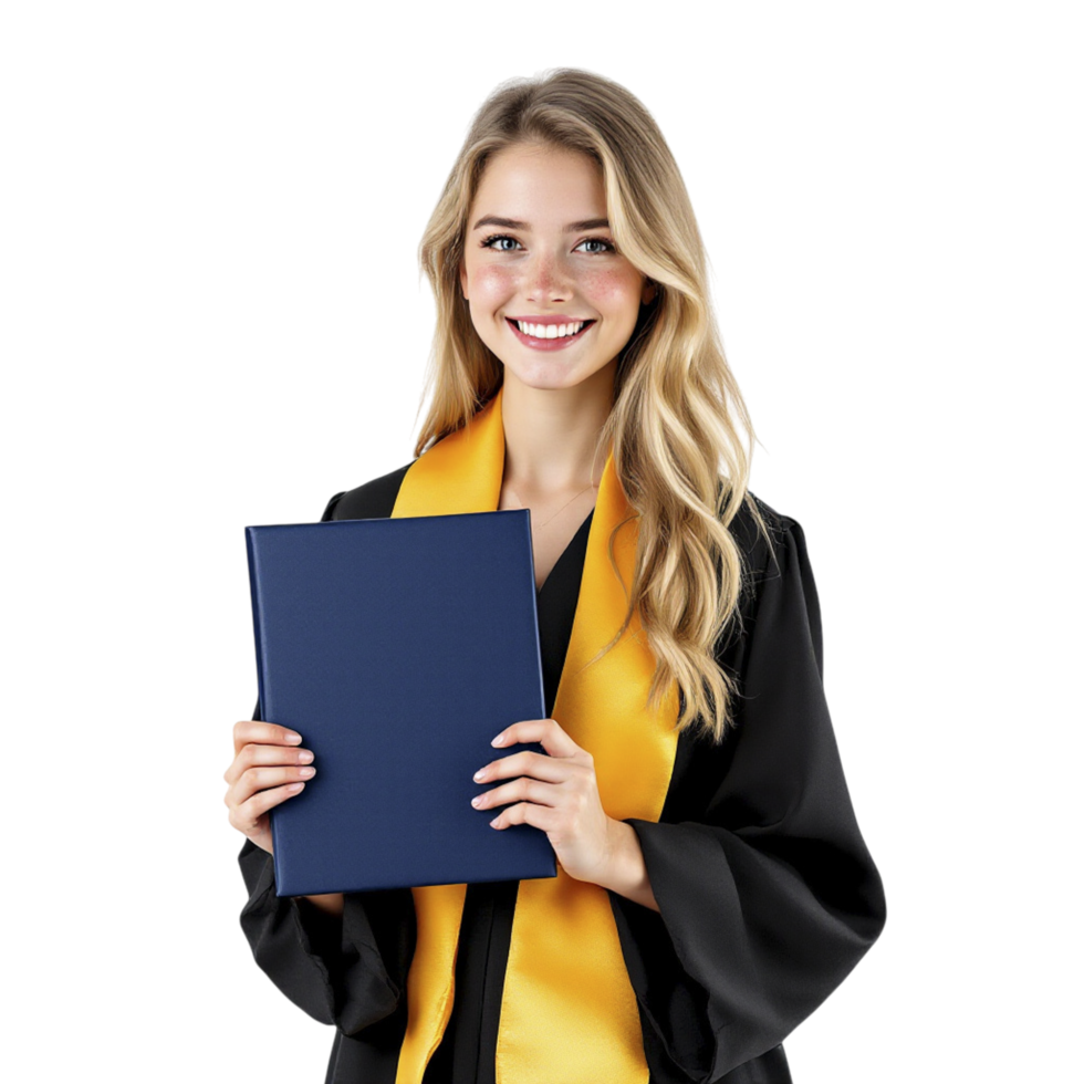 A beautiful young woman in a graduation gown holding a blue folder png