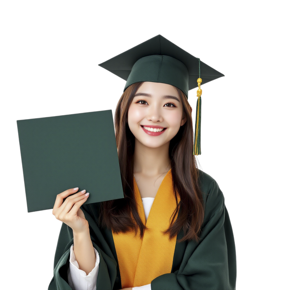 Asian woman in graduation gown holding a blank piece of paper png