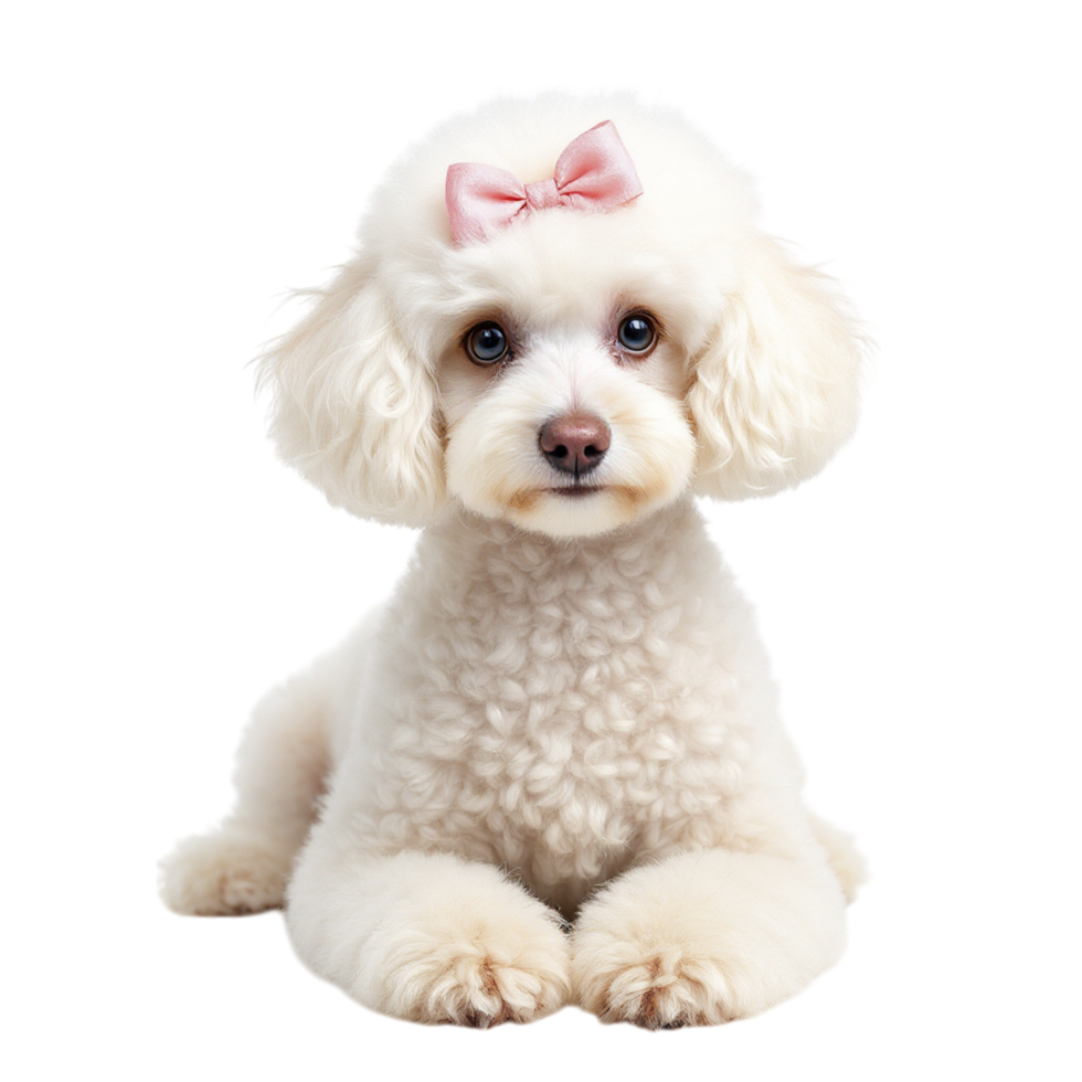 A white poodle with a pink bow sitting down png