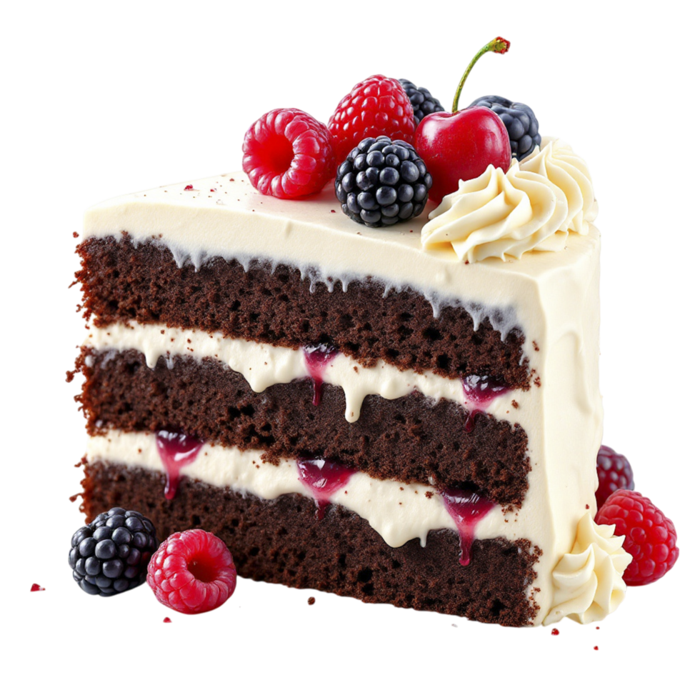 A slice of cake with berries and cream png