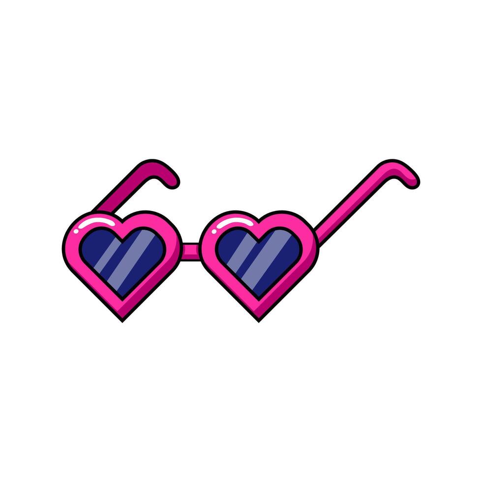 Sunglasses flat isolated without background. Summer pink retro glasses, heart-shaped frame with black outline. illustration vector