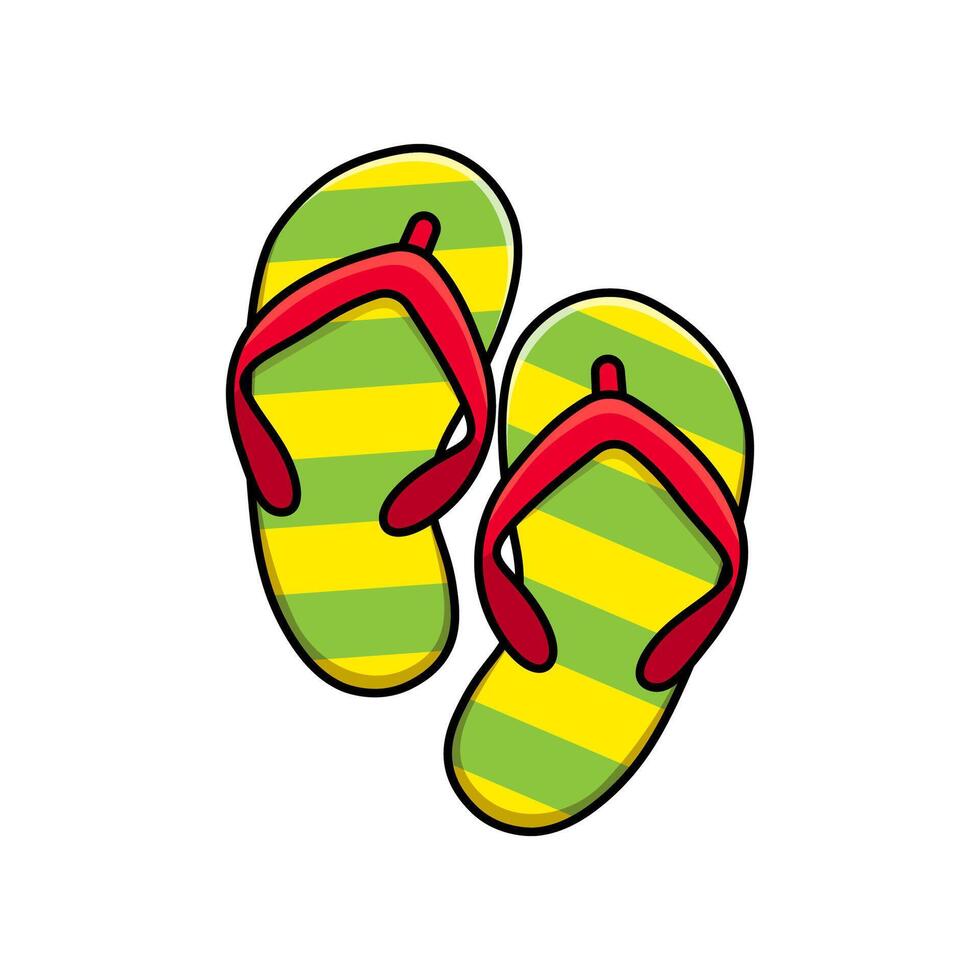Colored flip-flop icon isolated without background. Summer green and yellow slippers in a black outline. illustration vector