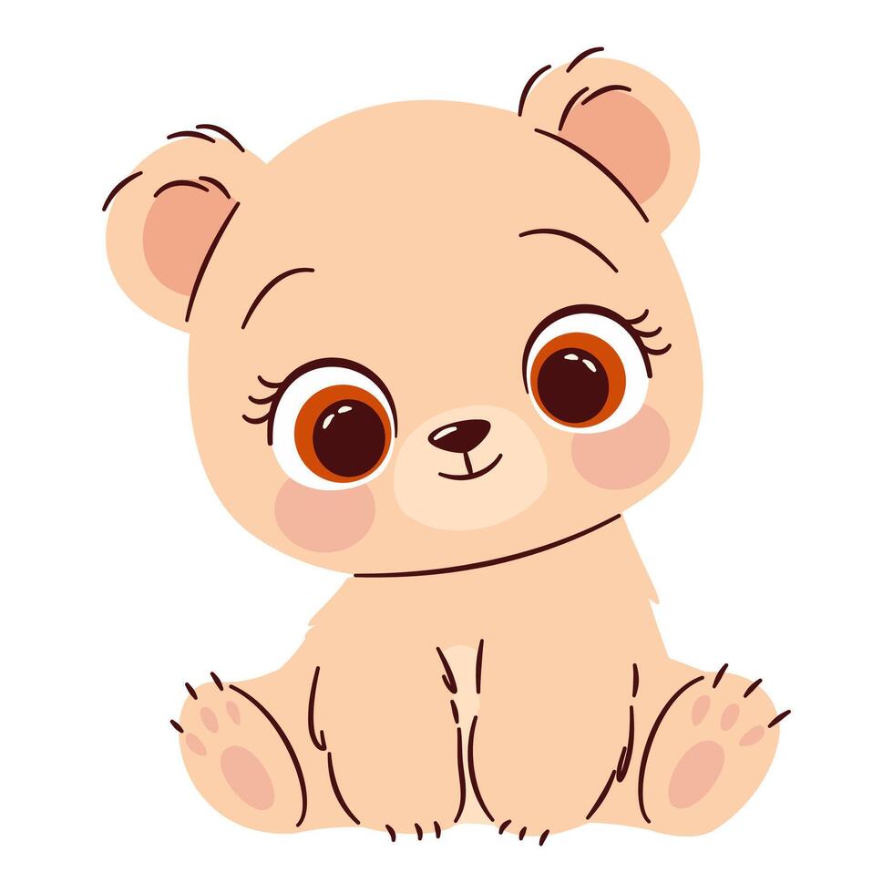 Flat illustration in a simple children's style. Cute baby bear with big eyes on white background vector