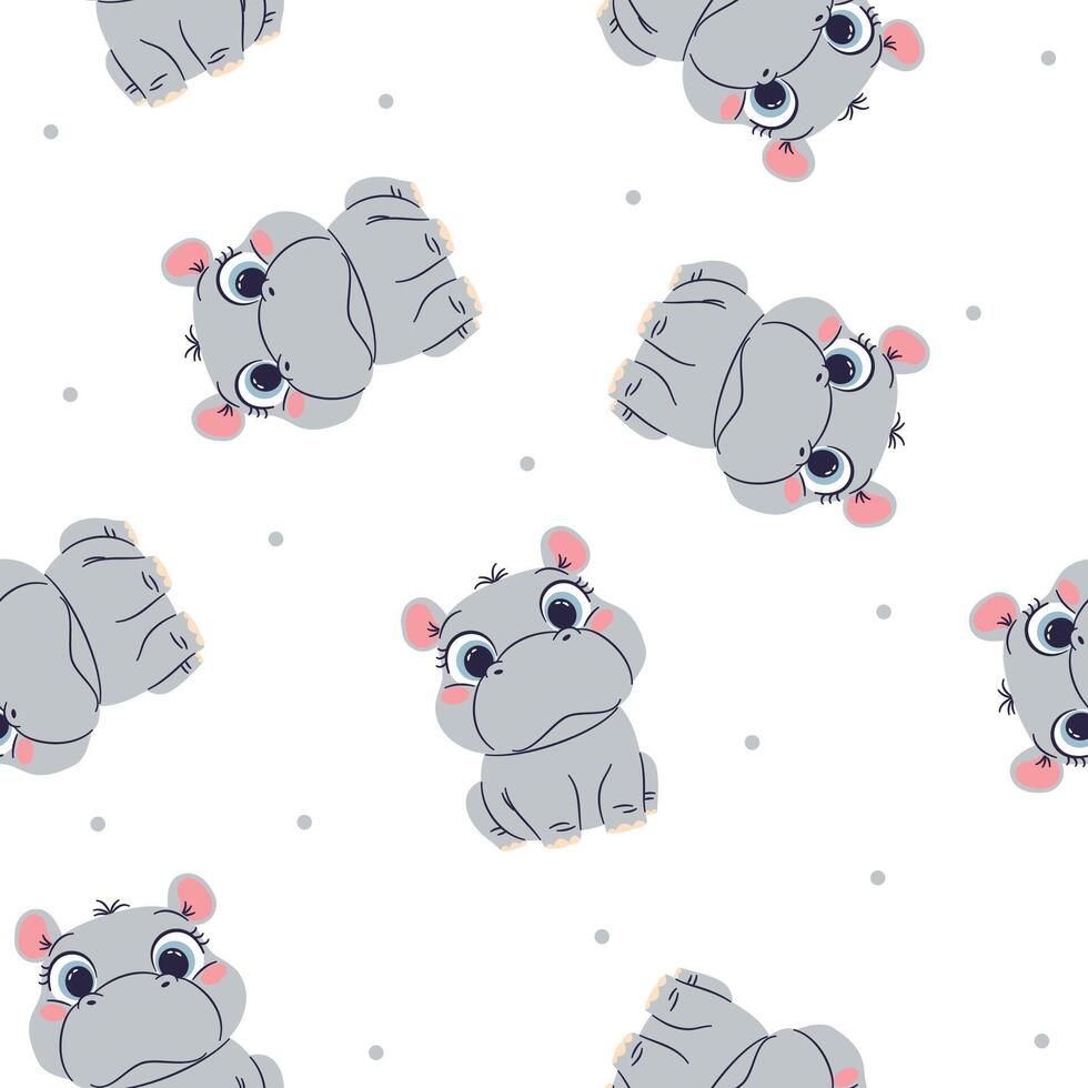Seamless pattern in a simple childish style. Cute baby hippo with big eyes on white background vector