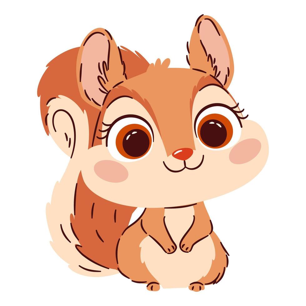 Flat illustration in a simple children's style. Cute baby squirrel with big eyes on white background vector