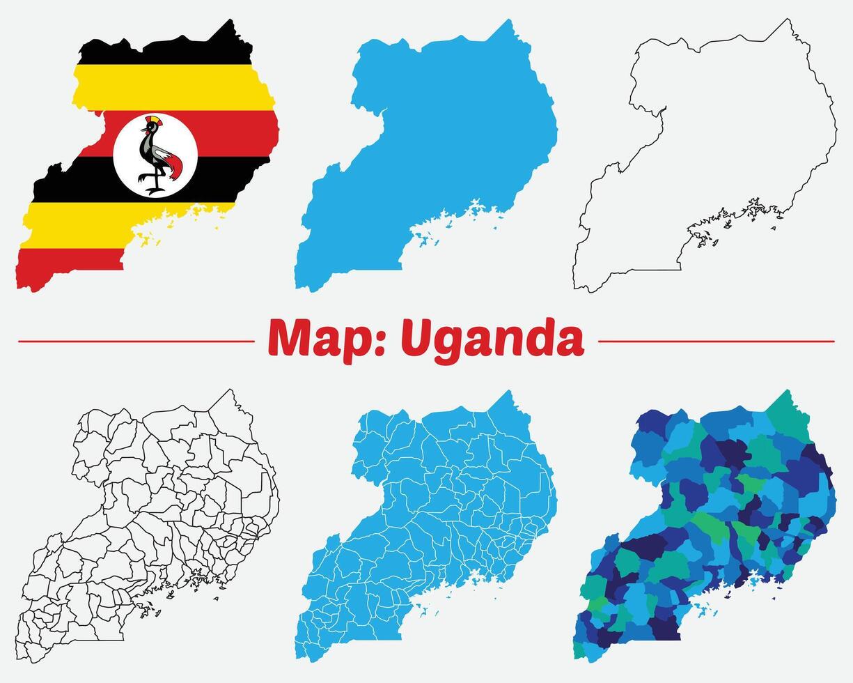 Maps of Uganda, Outline, and Regional Divisions, Uganda country map set. internal provinces borders marked, Simple map of Uganda drawing. vector