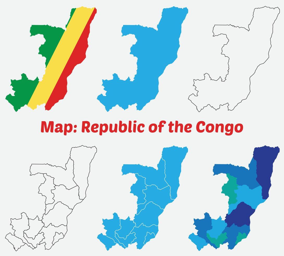 Maps of Republic of the congo, Outline, and Regional Divisions, Republic of the congo country map set. internal provinces borders marked, Simple map of Republic of the congo drawing. vector