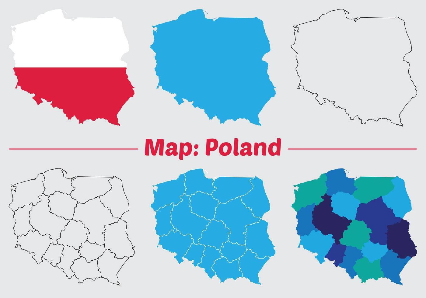 Poland map . High detailed outline, blue silhouette and administrative divisions map of Poland, Filled and outline version. vector