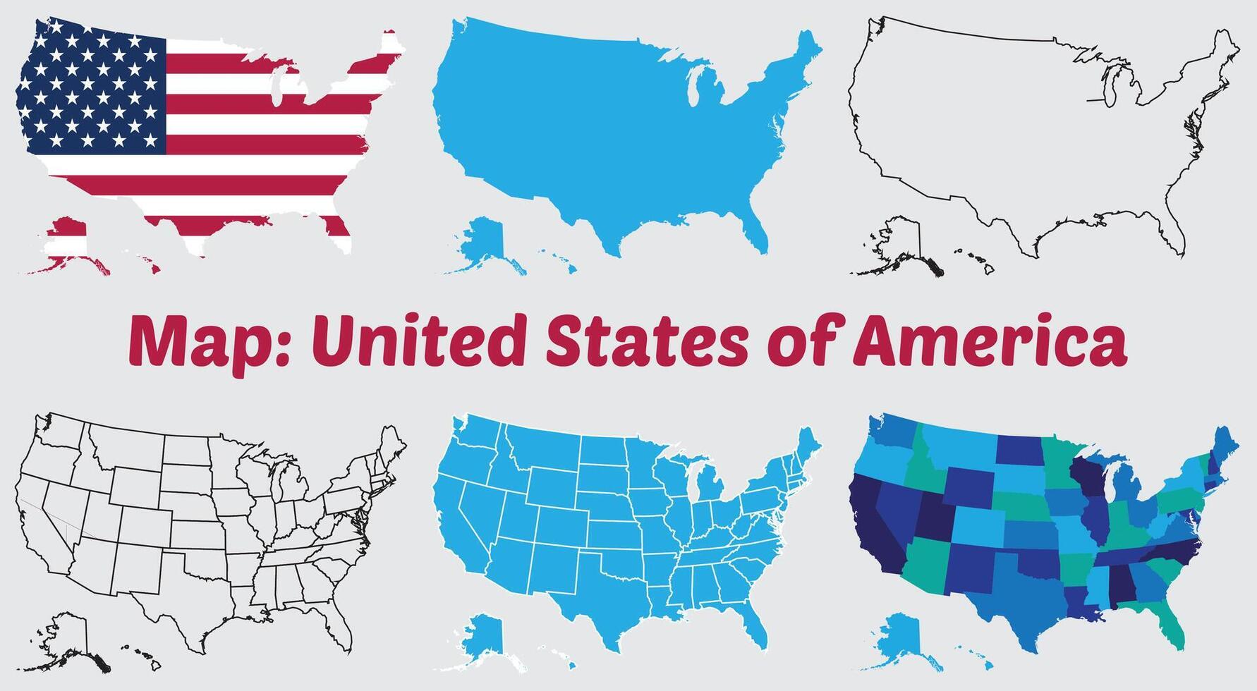 USA map. American map. United States of America map in flat and lines design, USA country map set. internal provinces borders marked, Simple map of USA drawing. vector
