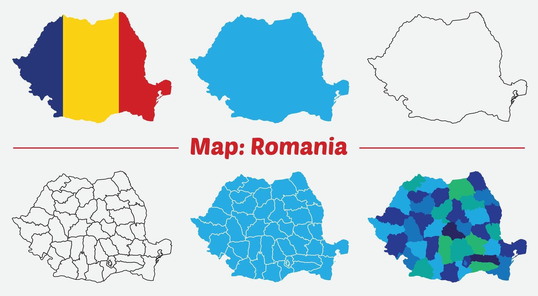 Maps of Romania, Outline, and Regional Divisions, Romania country map set. internal provinces borders marked, Simple map of Romania drawing. vector