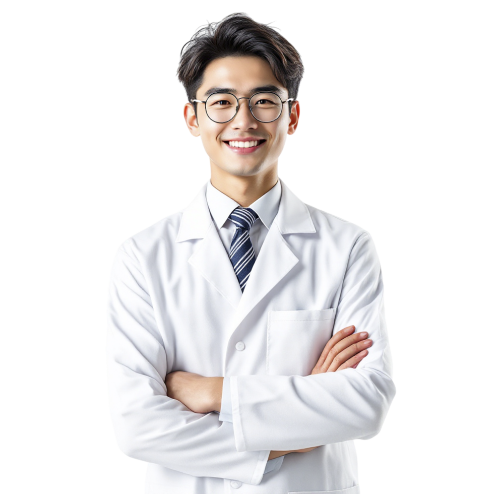 A young man in a white lab coat and tie png