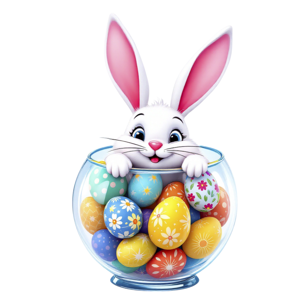 Easter bunny in a glass bowl with colorful eggs png
