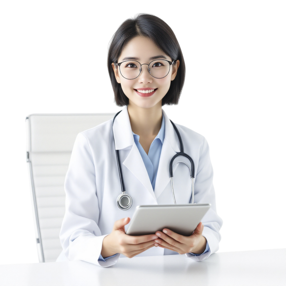 A female doctor is sitting at a table with a tablet png