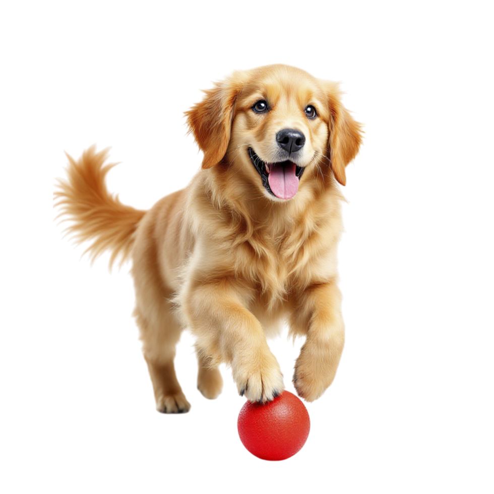 A golden retriever running with a red ball png