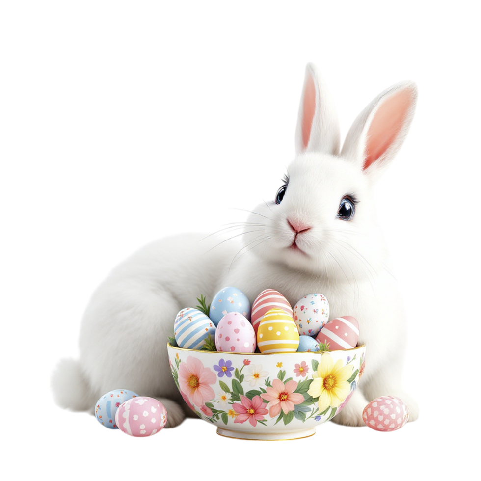 A white rabbit sitting in front of a bowl of colorful eggs png