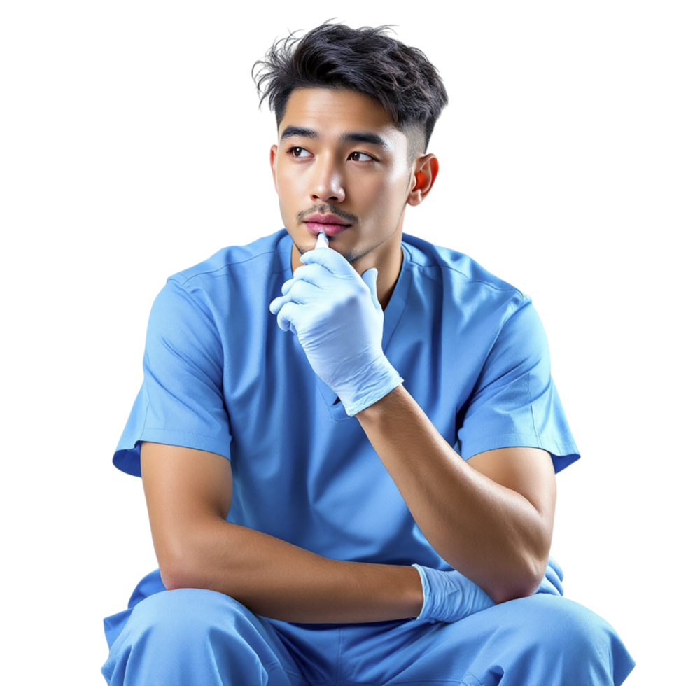 A male doctor in blue scrubs sitting on the ground png