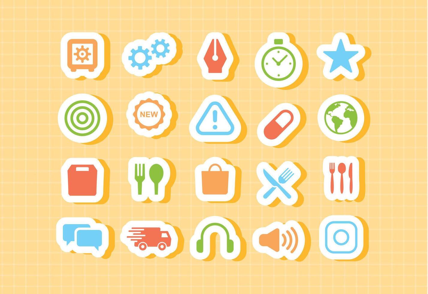 Colorful cartoon food and activity icons for kids school app playful icons for restaurant clock calendar checklist time management food drink pizza tea and educational UI students teachers e-learning vector