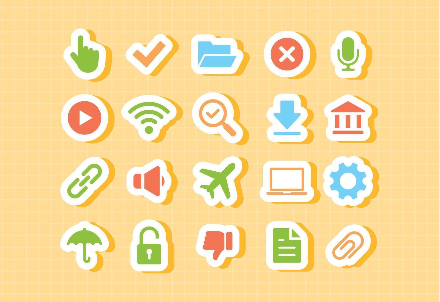 Colorful UI icons for alerts locks settings and bookmarks in kids educational platforms flat cartoon icon set for school app interface notifications password protection documents emails fun learning vector