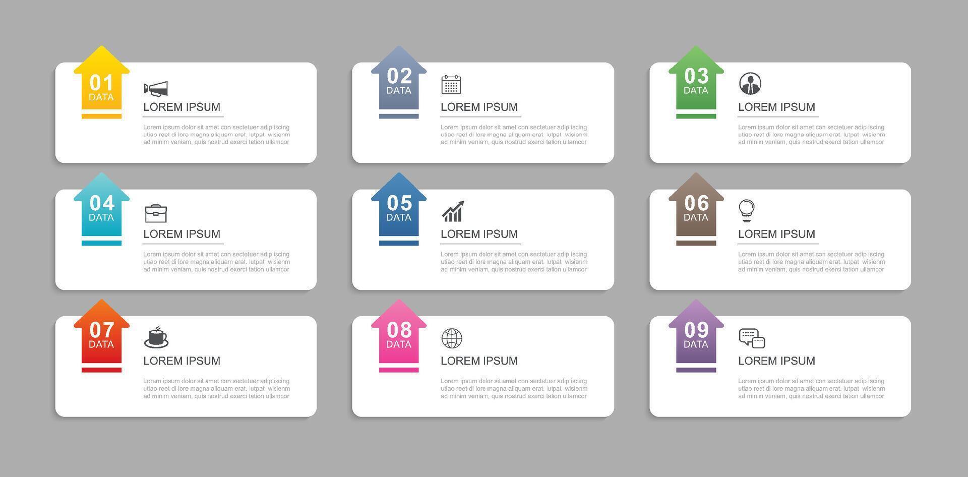 A layout template featuring 9 data infographic rectangle tabs with arrows. vector