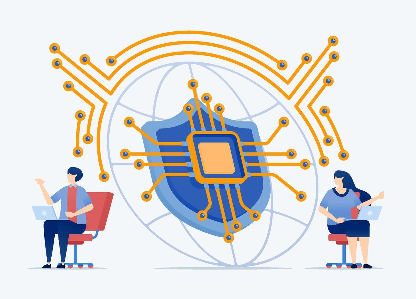 illustration of people use internet networks protected by chips and AI, symbolized by protective shields for safe data protection and protection vector