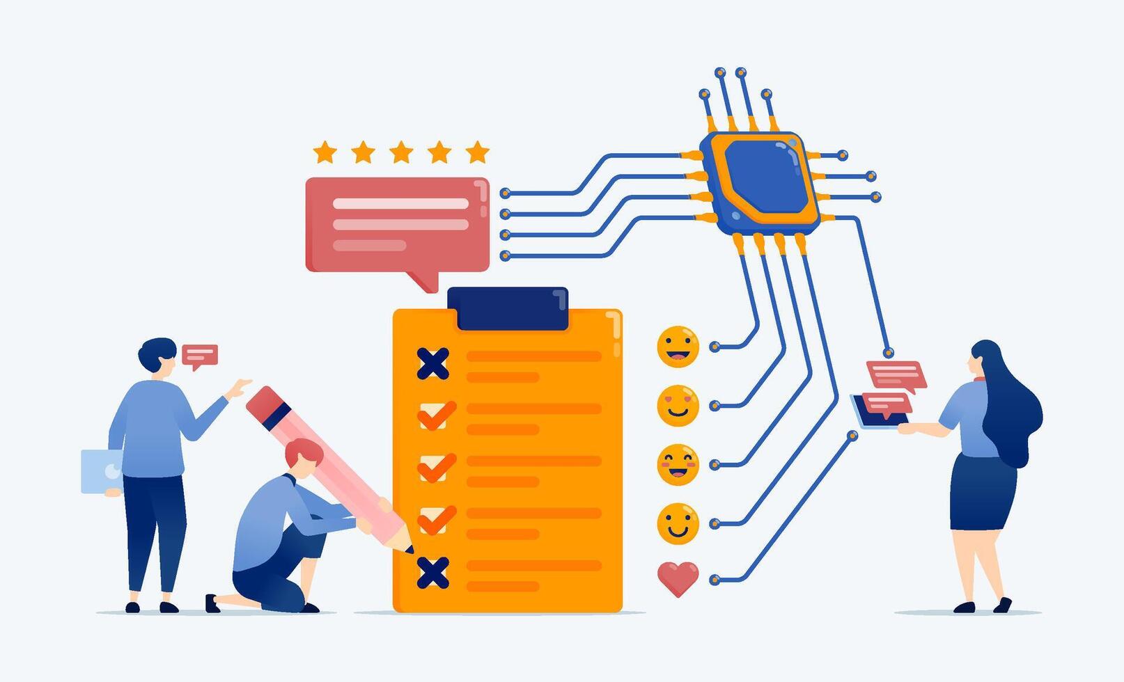 illustration of Learning engine chips and processors assist people in making choices for surveys exams or quizzes while providing feedback and reviews with AI driven cloud based accuracy vector
