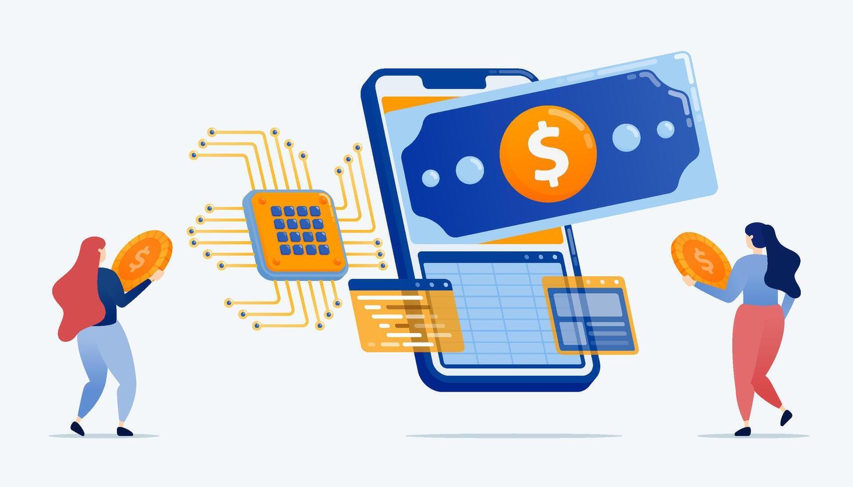 illustration of People use mobile apps for financial and accounting services with spreadsheets and network security technologies based on chips and AI vector