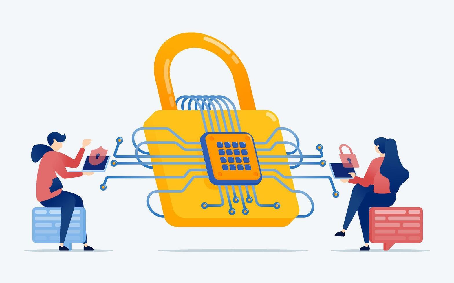 illustration of People use security systems with networks based on chip technology and AI. illustrated with a padlock wrapped in cables and chips vector