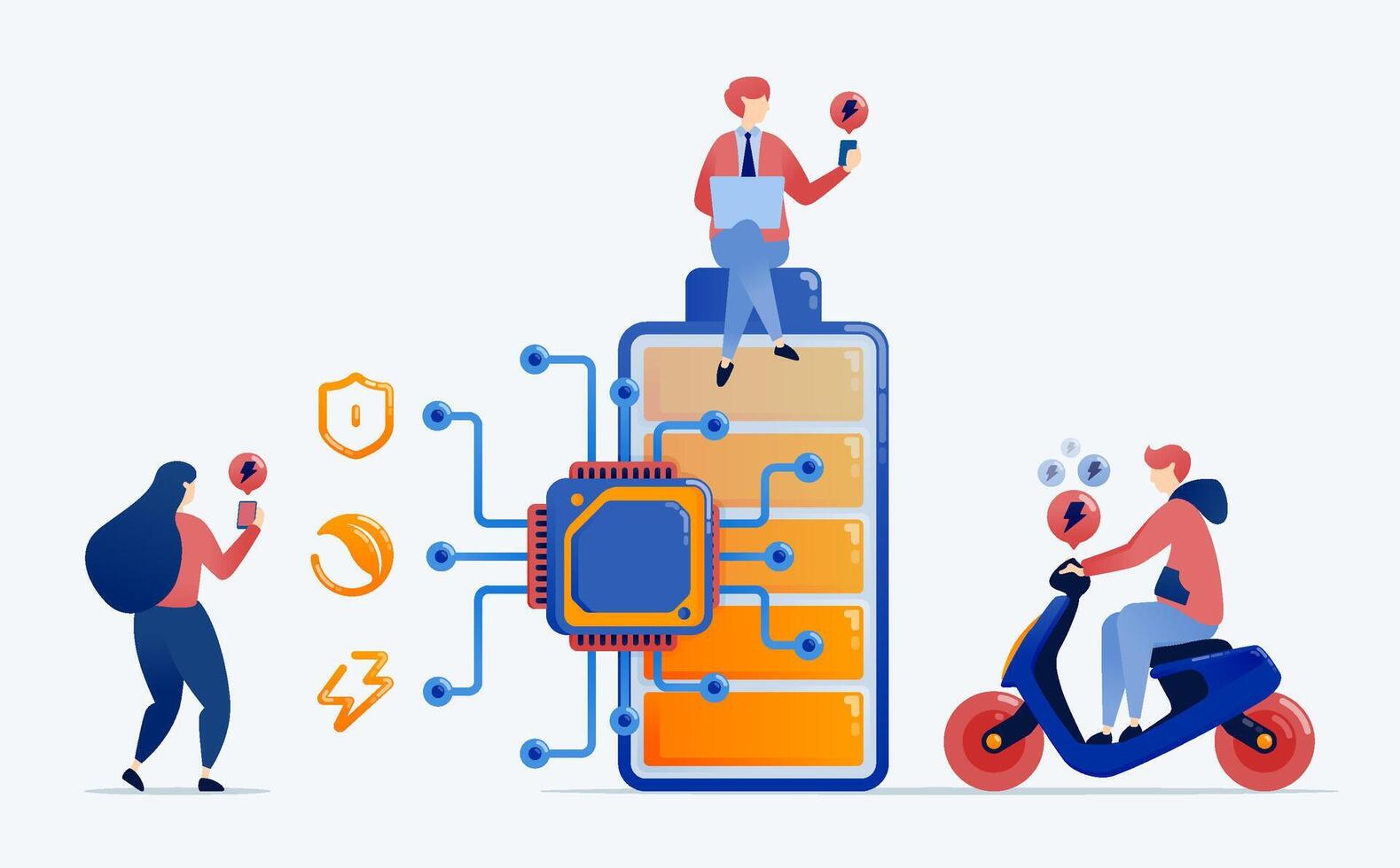 illustration of Chips or processors installed in batteries enhance energy efficiency and sustainability supporting smart power management in renewable and cloud integrated systems vector