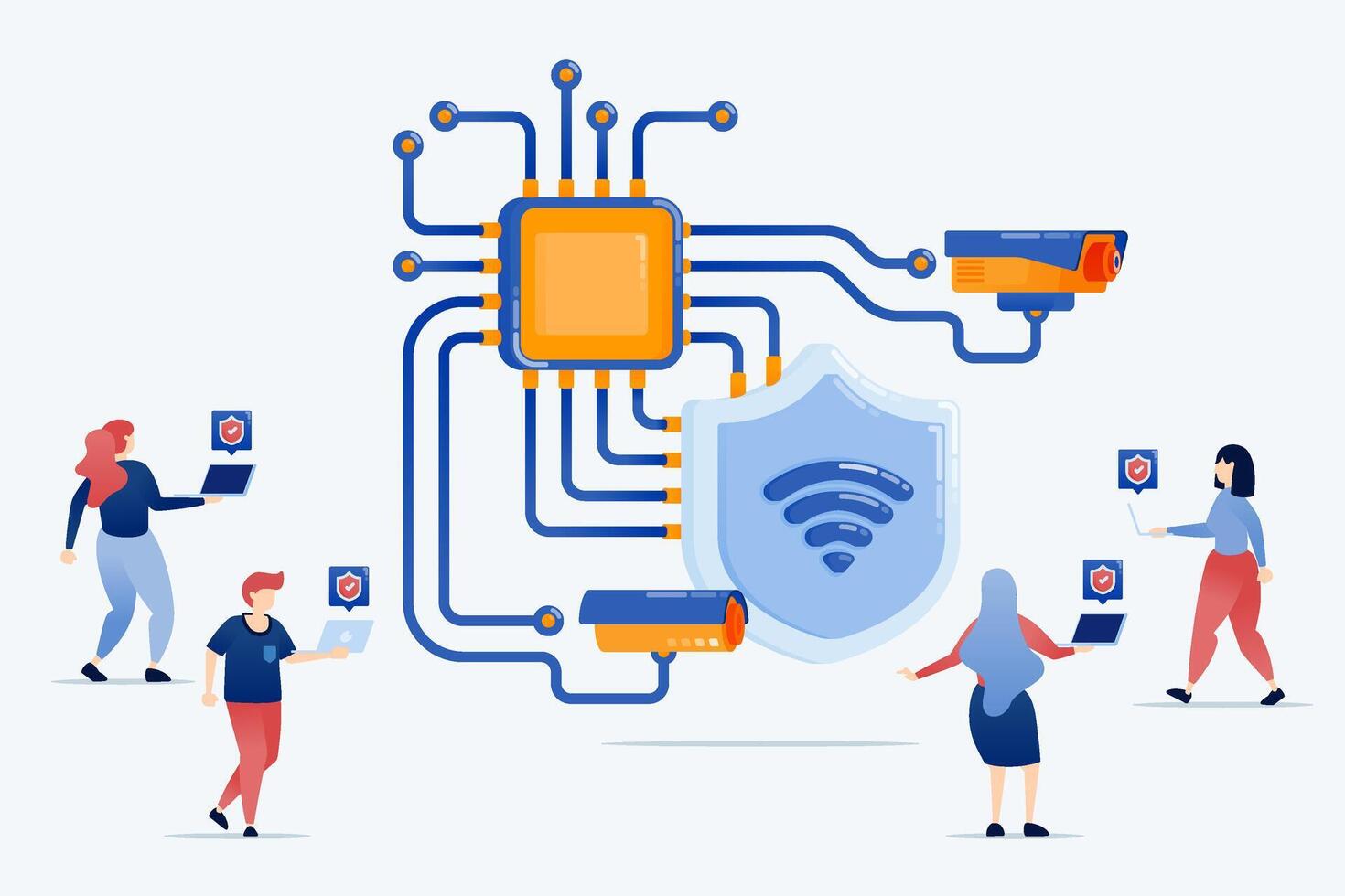 illustration of People use network security systems on wifi based on chips and AI vector
