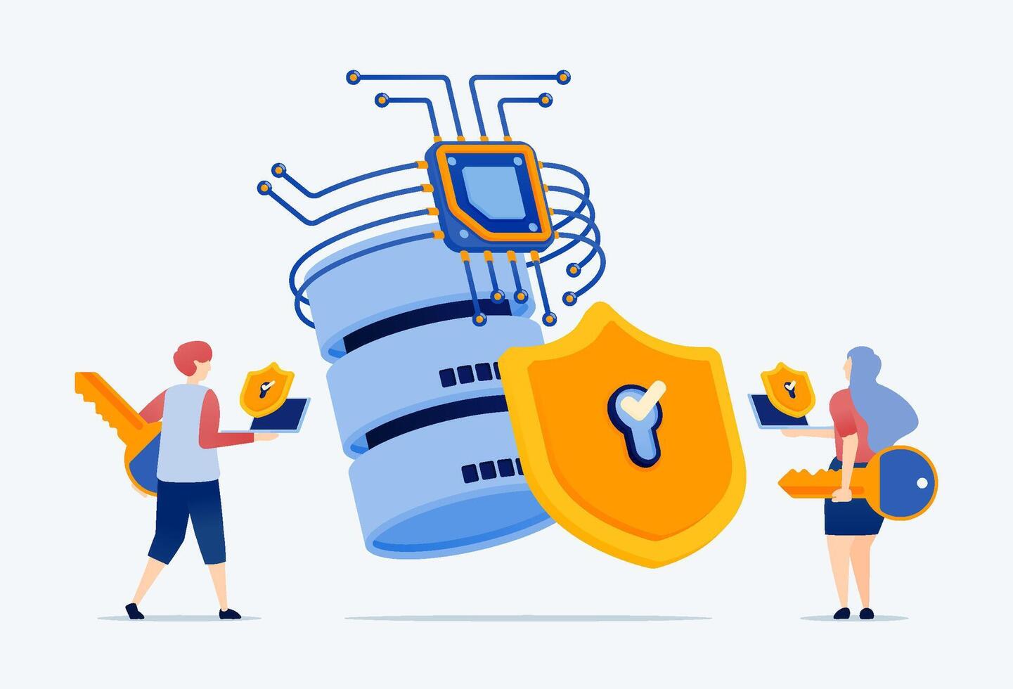 illustration of people use databases connected to chip and AI data networks, symbolized by protected by shields for security and data protection vector