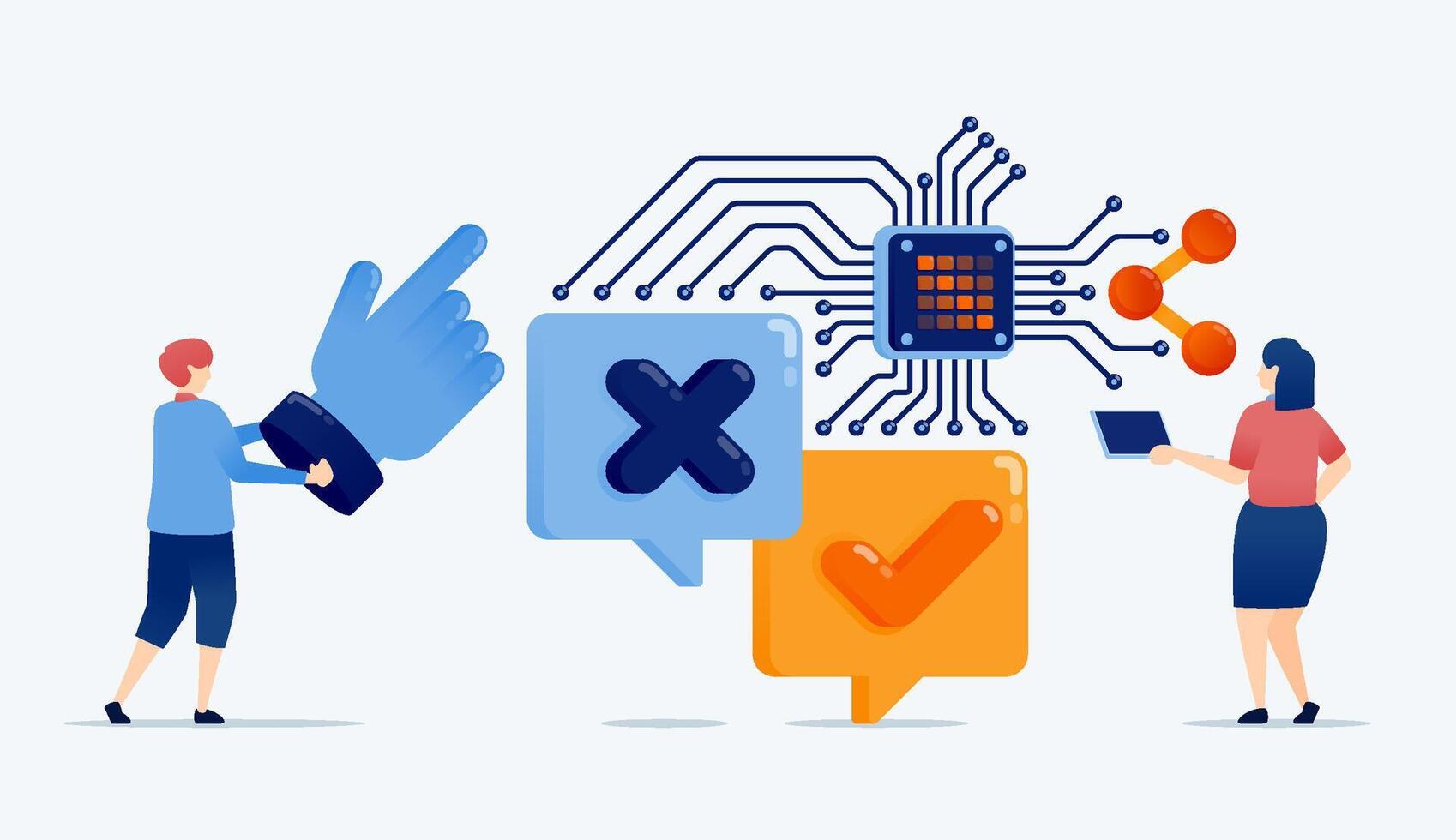 illustration of chip with a learning engine helps people choose yes or no in voting comments and feedback reviews improving decision making with AI powered cloud data processing vector