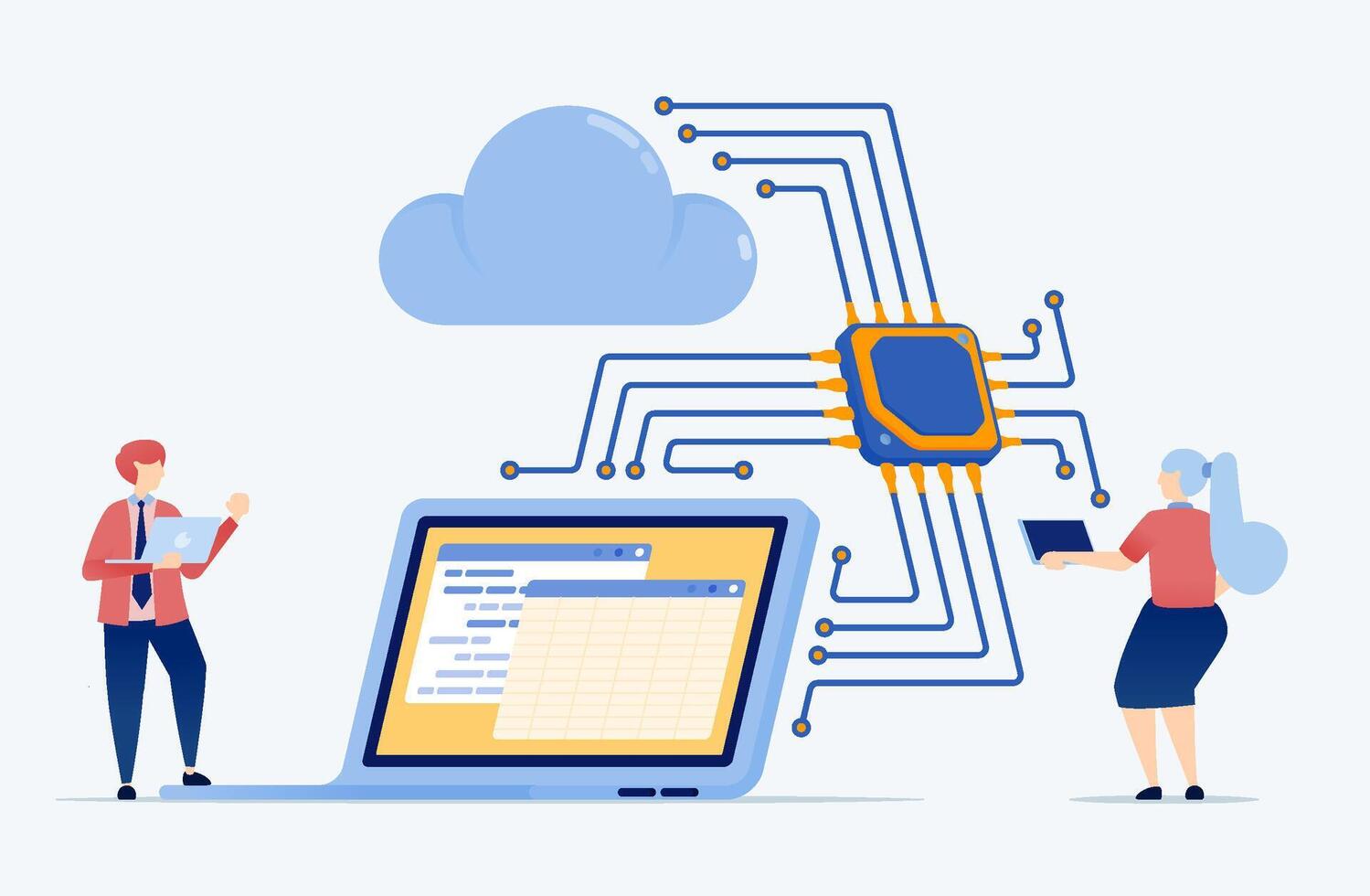 of chip or processor with machine learning assists in programming accounting from a laptop to the cloud, enabling secure data processing, automation, and financial technology integration vector