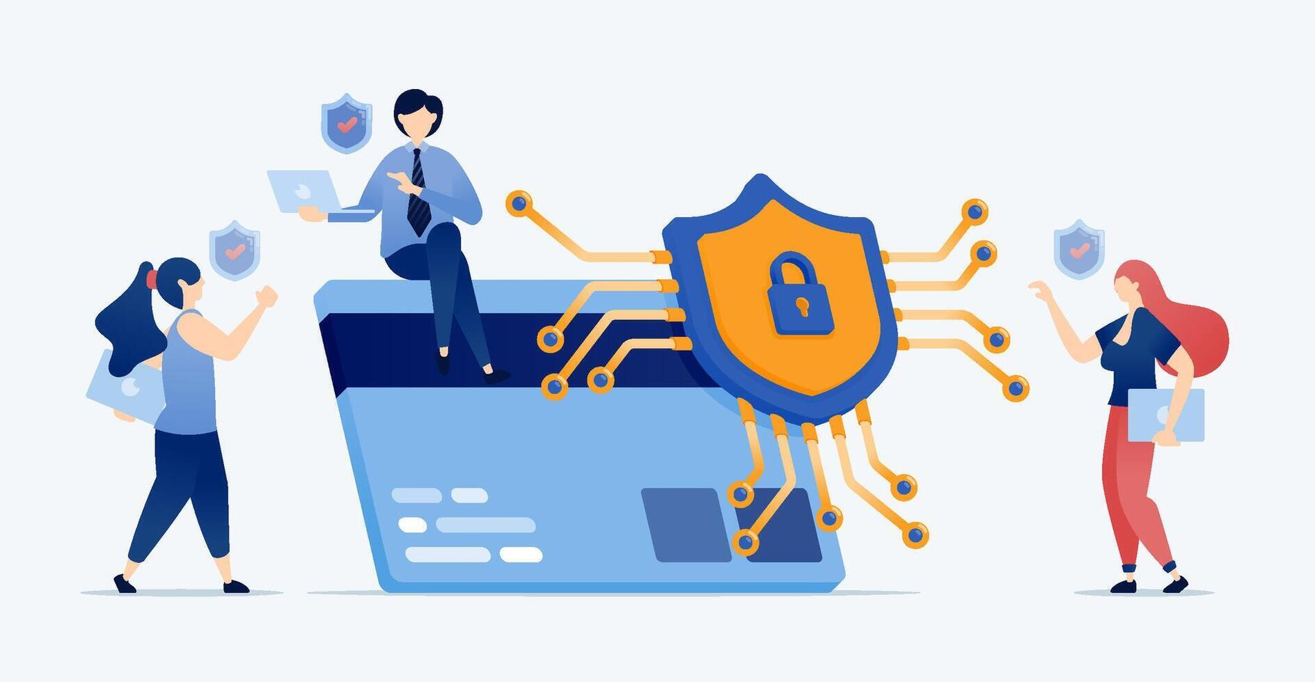 illustration of learning engine in the form of a shield network chip secures and authorizes credit card transactions for banking services ensuring encrypted cloud based financial protection vector