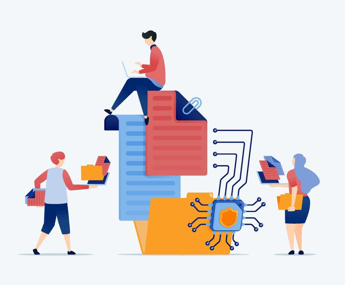 illustration of Processor chips for learning machines assist in organizing files within document storage folders optimizing data management cloud accessibility and secure processing vector
