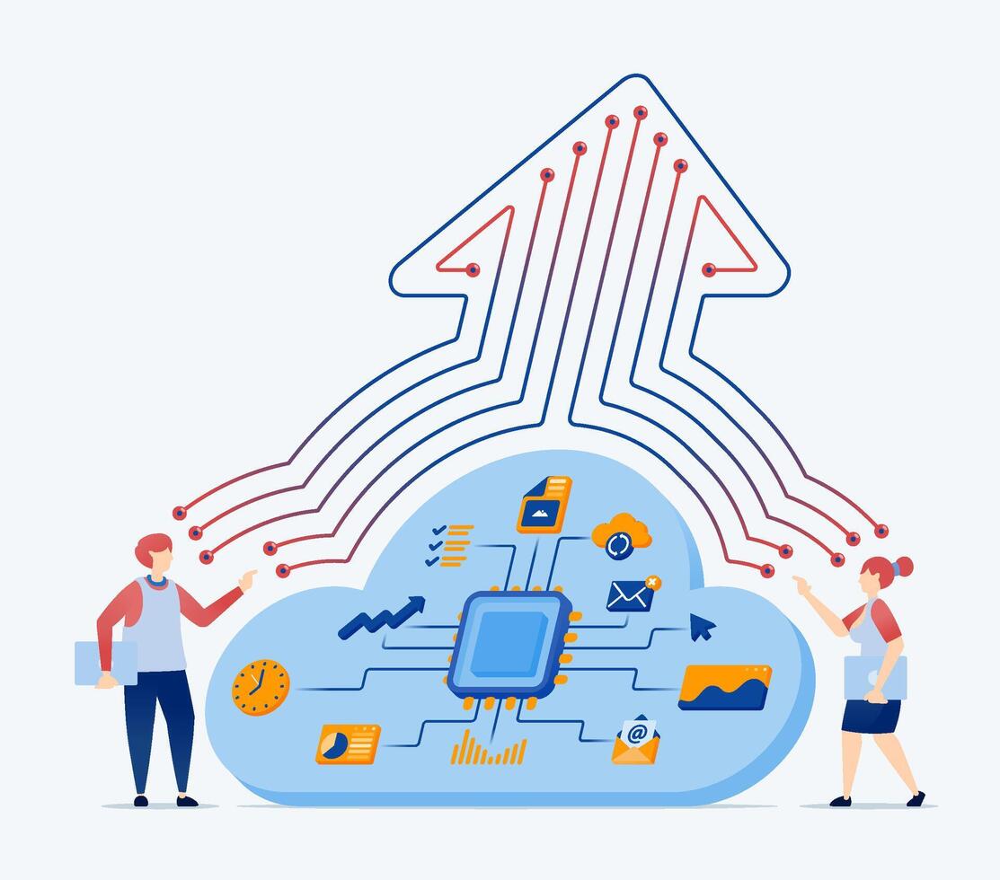of chip helps access multitasking jobs in the cloud and uploads them to the server, improving workflow efficiency, automation, data processing, and secure online storage vector