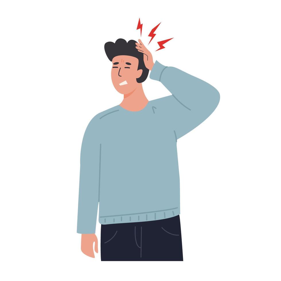 Young man suffering from a headache, touching his head with a pained expression. Male experiencing pain and discomfort. Migraine or stress. Flat style illustration. vector