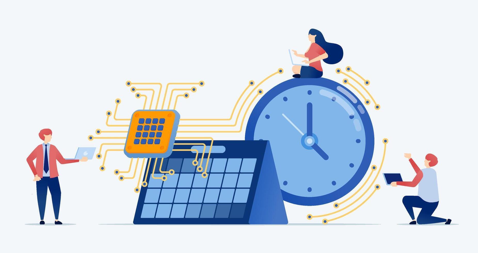 illustration of people use chips to help process schedules and events with the help of chips and AI technology illustrated with chip cables wrapped around calendars and round clocks vector