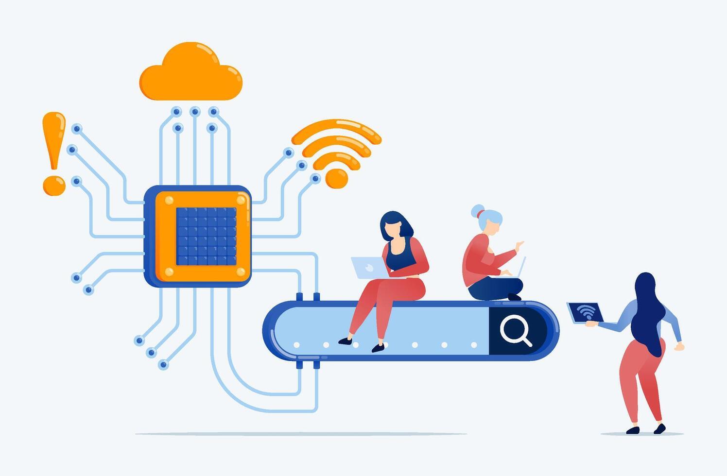illustration of people use search engines that are equipped with chip and AI technology for ease and data accuracy, connected to wifi, cloud and warning systems vector
