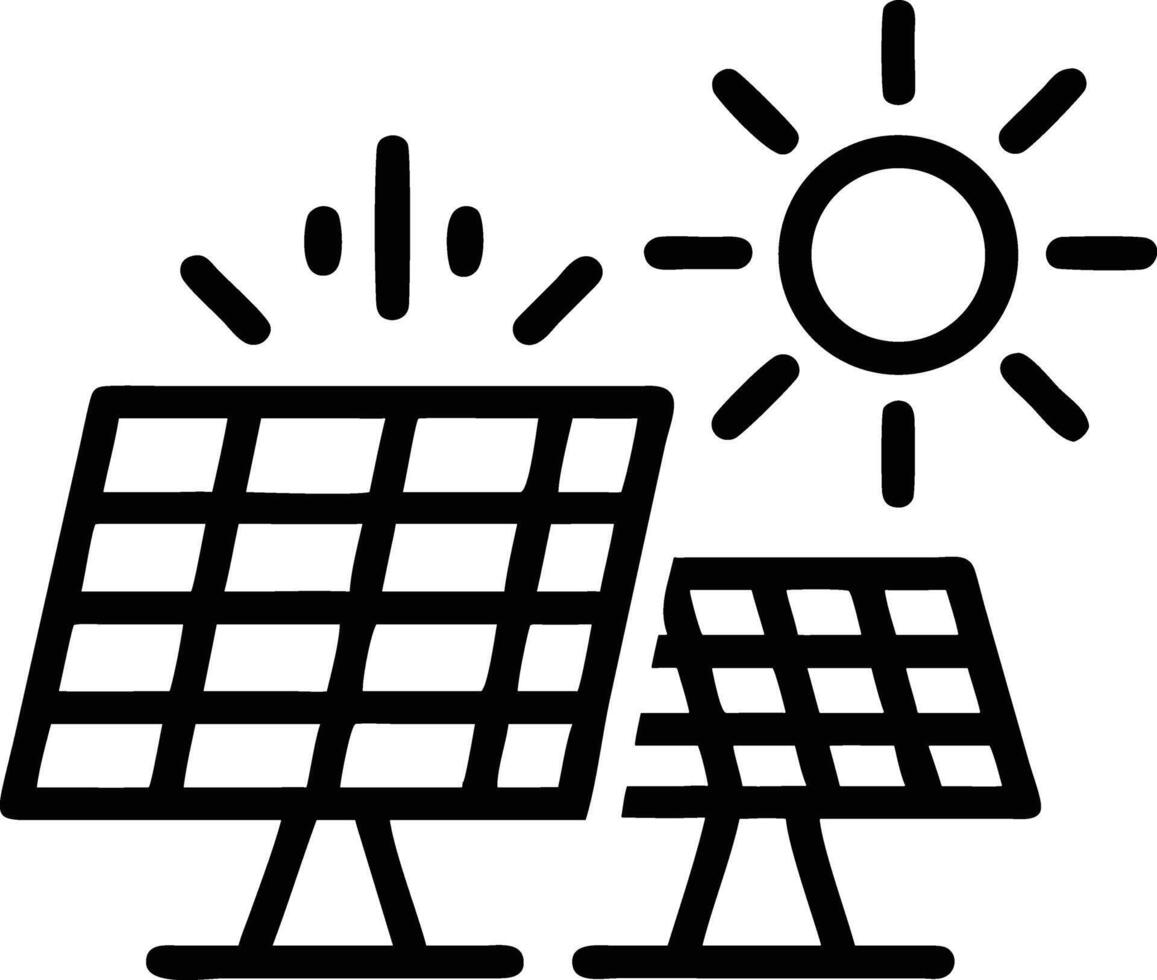 Line art solar panels and sun icon for renewable energy. vector