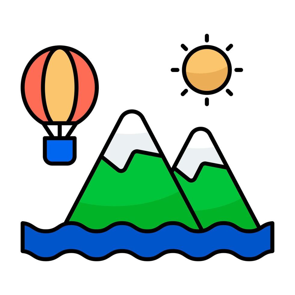 A design icon of mountains with hot air balloon showcasing hills station vector