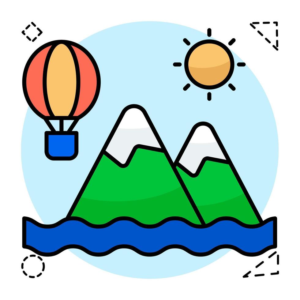 A Flat Circular design icon of mountains with hot air balloon showcasing hills station vector