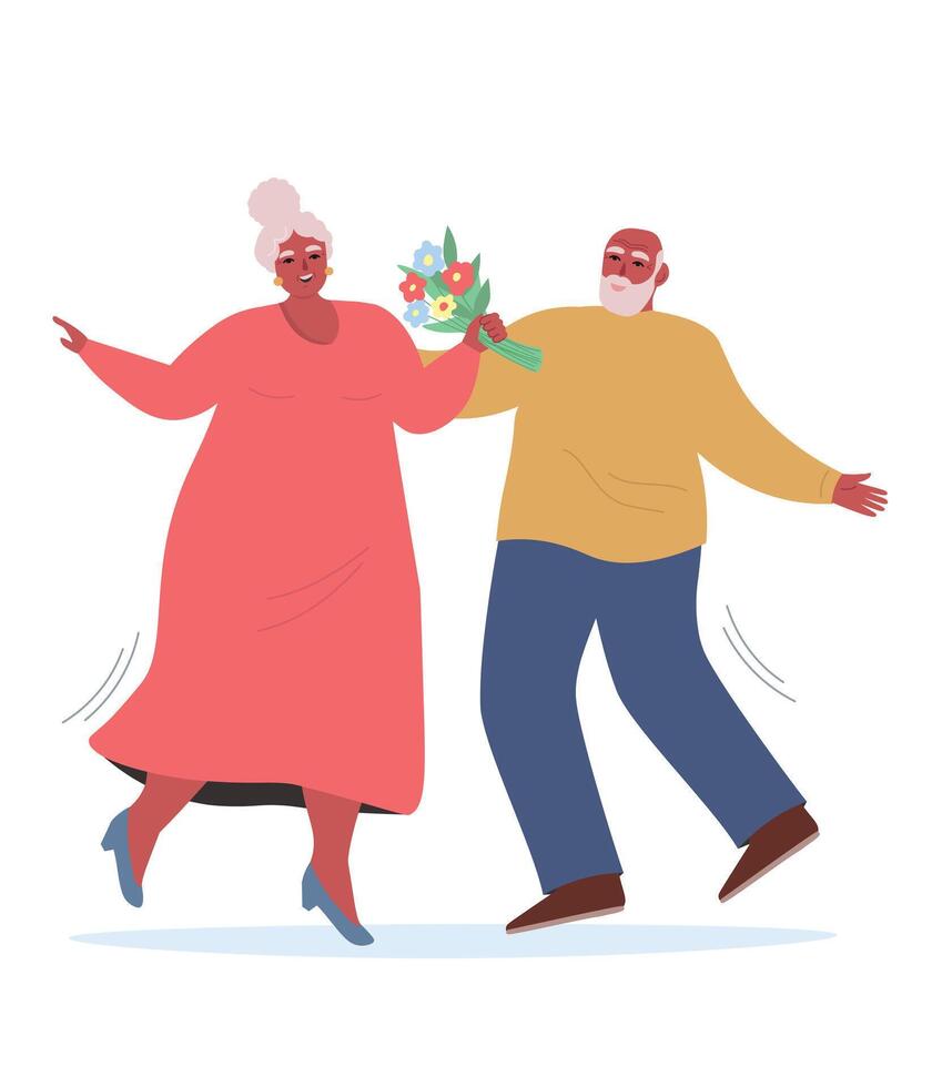 Elderly African couple positive, dancing, enjoying life. Man giving flowers to woman. Active old age. flat graphics. vector
