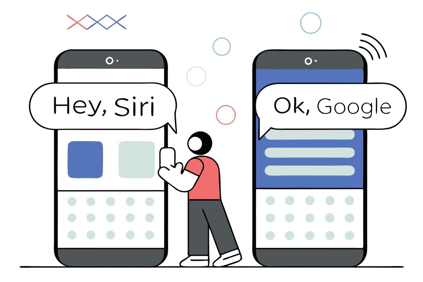 Two Phones with Voice Assistants Siri and Google with Speech Bubbles vector